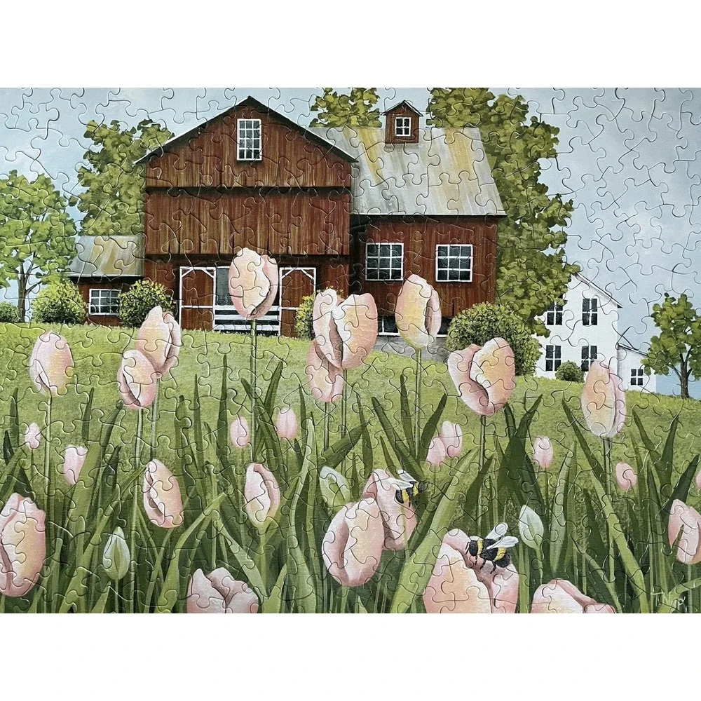 300 Pieces Puzzle Bits and Pieces Peach Tulips and Bumblebees Complete Pre-Owned